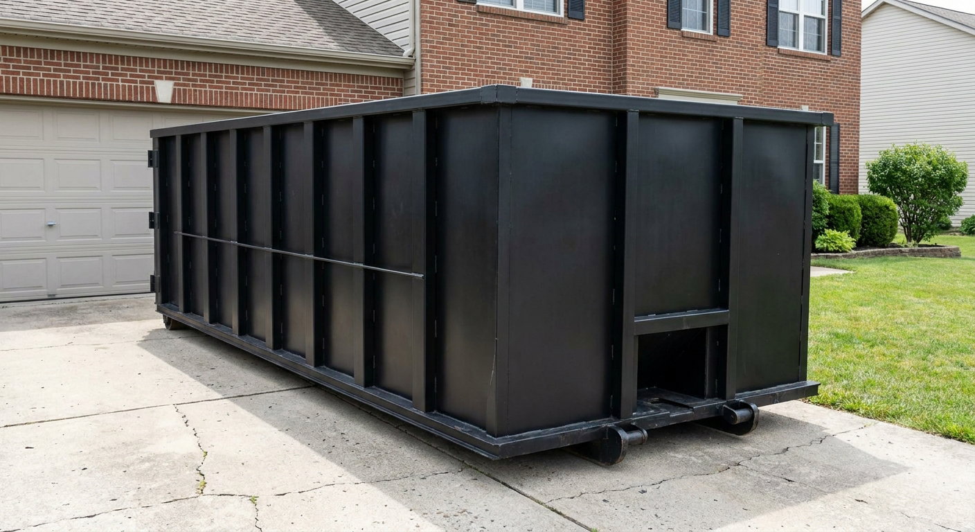 Matte-black 20-yard roll-off container on a Alameda residential concrete driveway with reinforced ribbed steel sidewalls and a hinged rear walk-in door, clean bright daylight.