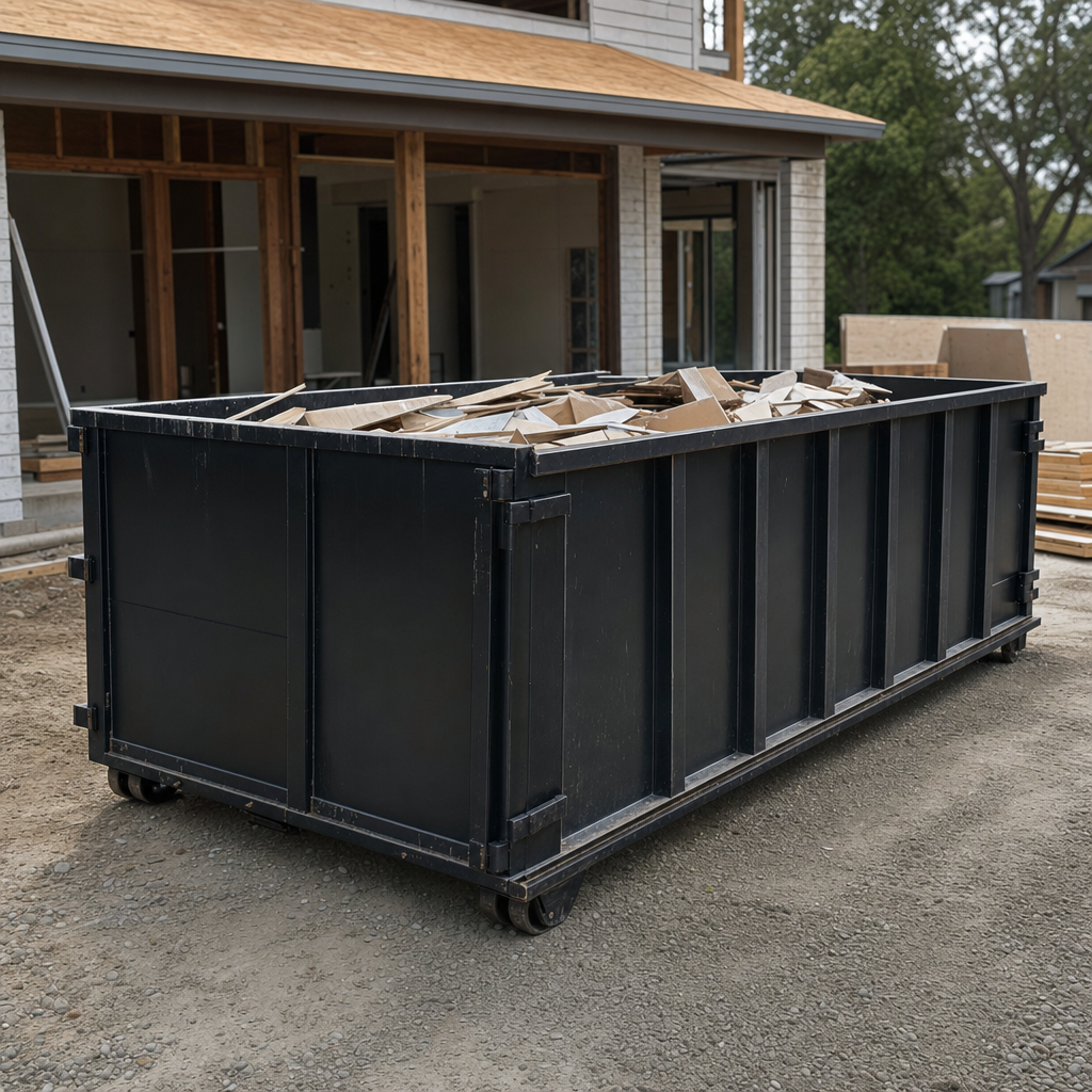 Large matte-black 30-yard construction roll-off dumpster at an active Alameda jobsite, steel-gray top rails and bottom rollers visible, loaded with construction debris.