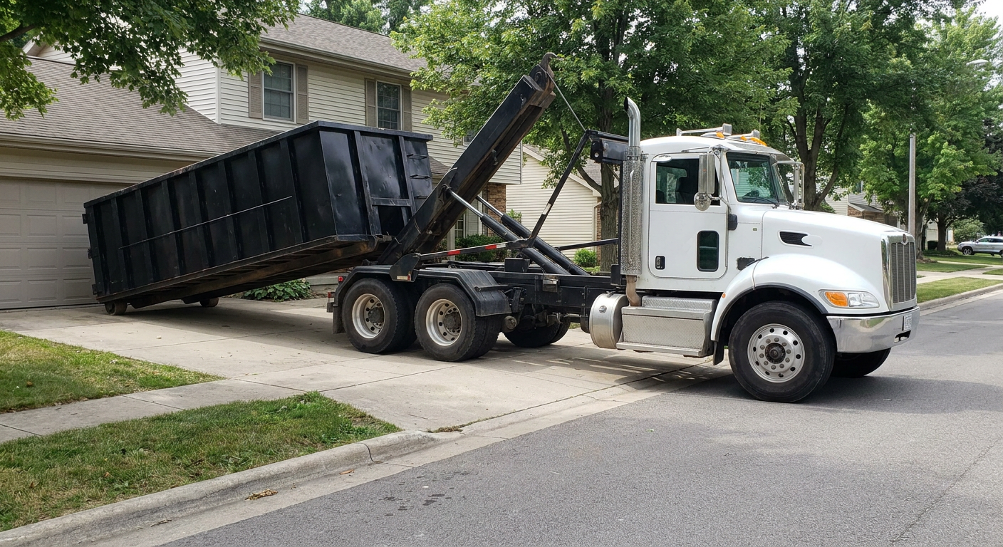 White-cab hooklift roll-off truck actively lowering a matte-black dumpster onto a Alameda residential concrete driveway, the dumpster's rear wheels touching the driveway as the hoist arm tilts the bed forward, mid-morning daylight.
