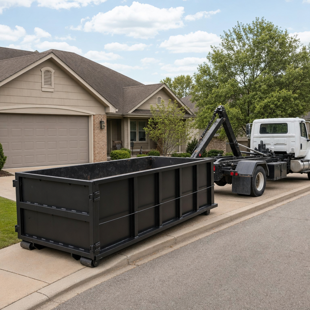 Wide documentary shot of a matte-black roll-off dumpster on a Alameda residential driveway in the foreground and a contractor jobsite container in the soft-focus background, bright daylight, calm and orderly composition.