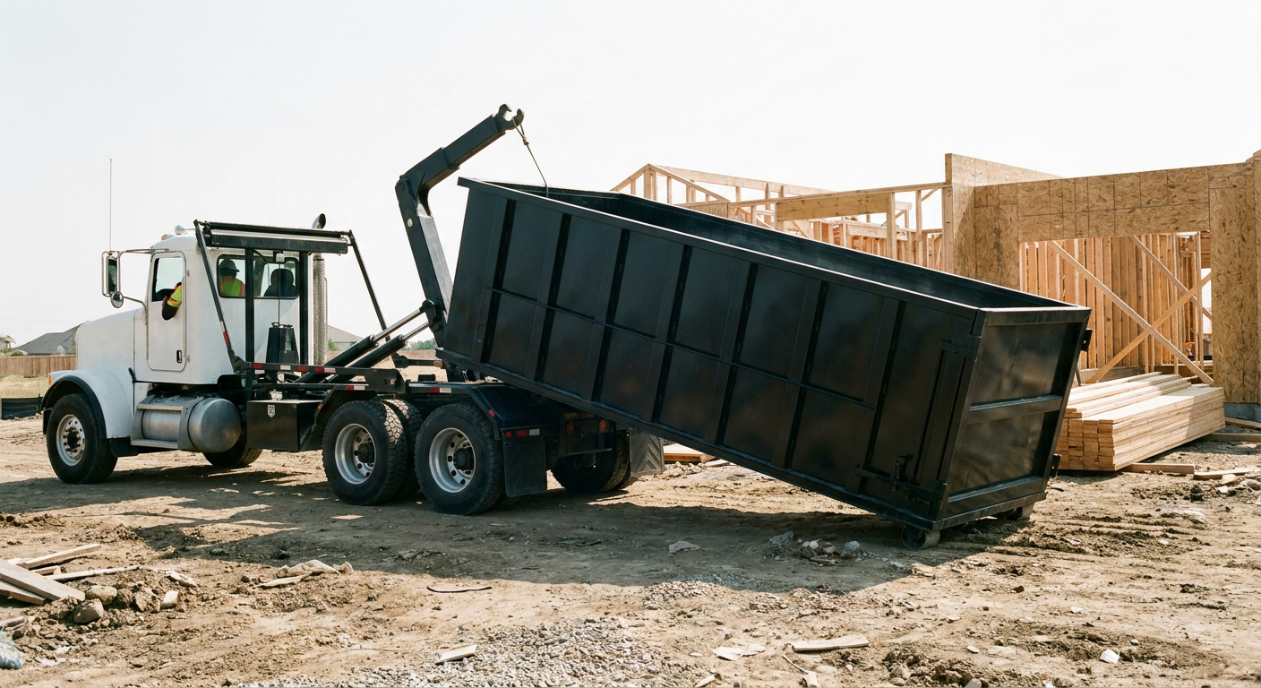 Matte-black roll-off dumpster being delivered onto a clean residential concrete driveway in Alameda by an unmarked white hooklift hauler truck, bright morning daylight, documentary 35mm perspective.
